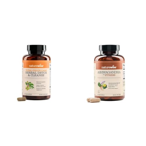 Botellas suplementos NatureWise limpieza de colon y Ashwagandha