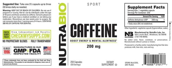 NutraBio 250 cápsulas de cafeína suplemento nutricional