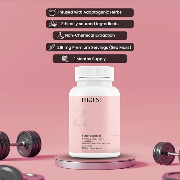 Frasco y caja de suplemento Mars BurnIt para digestión y energía