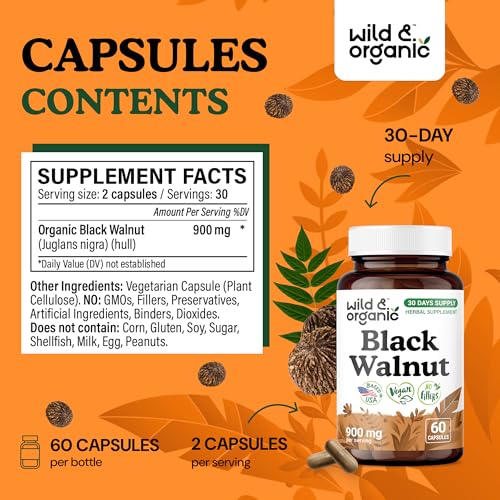 Etiqueta de cápsulas de nuez negra Wild & Organic