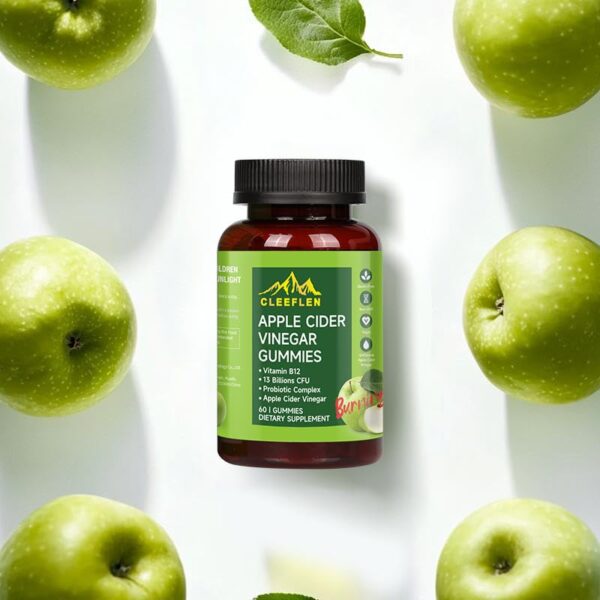 Fruto y etiqueta del suplemento gomitas CLEEFLEN con probióticos