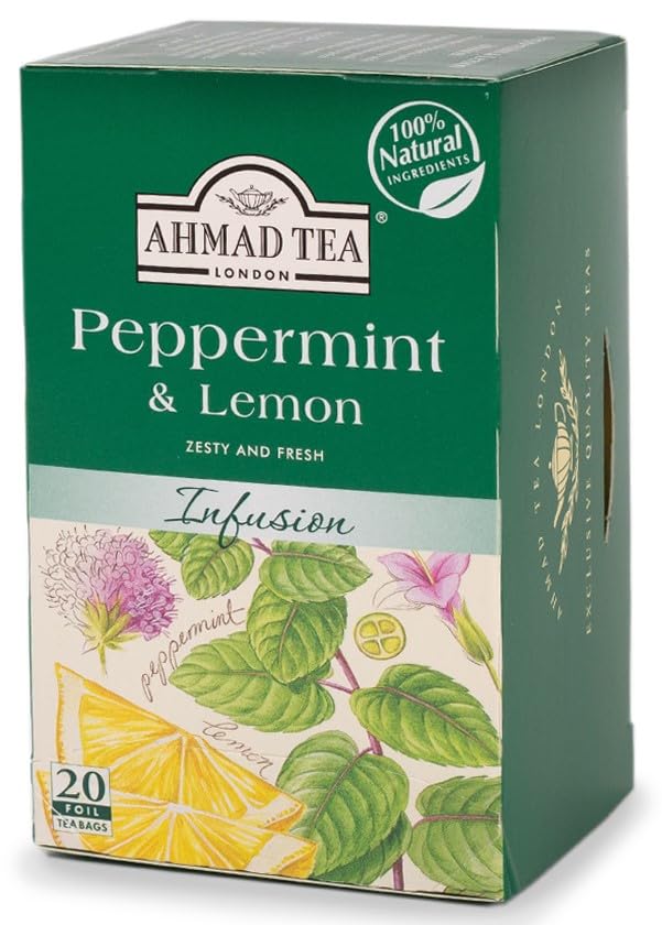 Caja con bolsitas de té herbal Ahmad Tea menta y limón