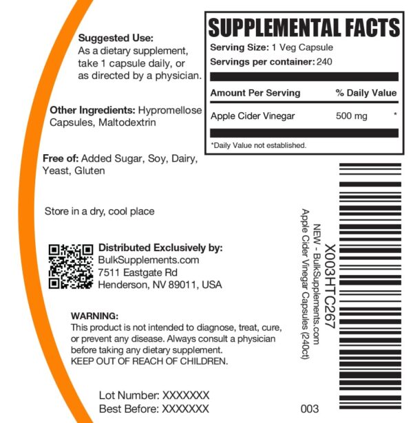 Etiqueta informativa BulkSupplements cápsulas ACV