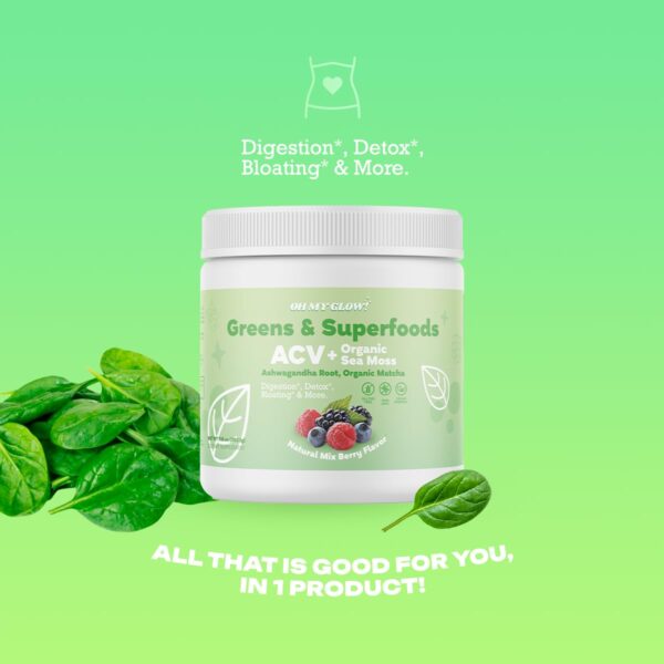 Polvo Super Greens Oh My Glow envase frontal sabor berries