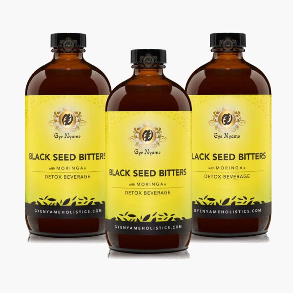 Botellas de Black Seed Bitters con ingredientes naturales