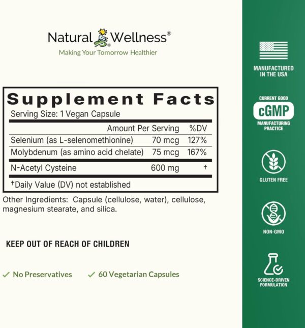 Lado lateral frasco Natural Wellness NAC Plus antioxidante Lado lateral frasco Natural Wellness NAC Plus antioxidante