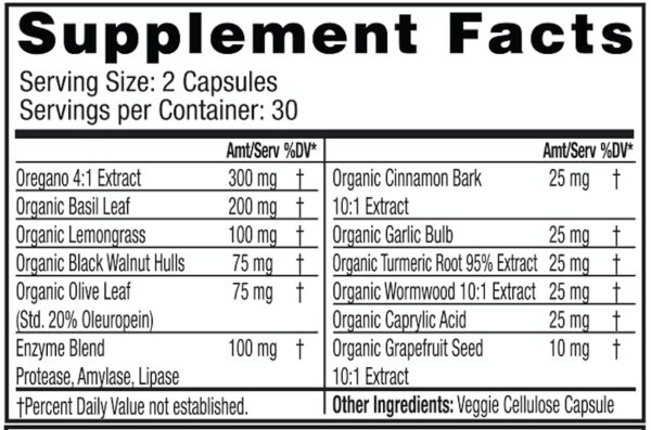 Etiqueta detallada de producto desintoxicación fúngica Dr Tennant's