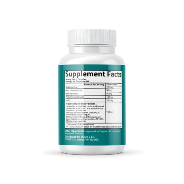 Frasco de suplemento Herbal Cleanse BODY C.E.O. con prebióticos