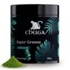 Frente de Chuga's Super Greens Powder con frasco y etiqueta