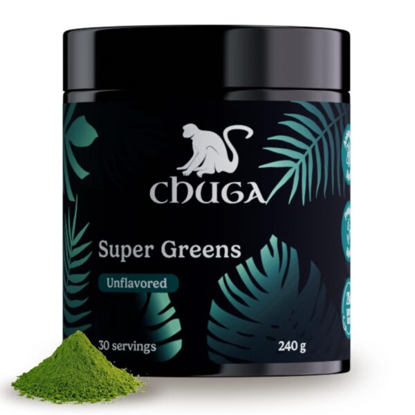 Frente de Chuga's Super Greens Powder con frasco y etiqueta