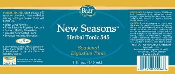 Tónico Baar New Seasons envase herbal natural para digestión y bienestar
