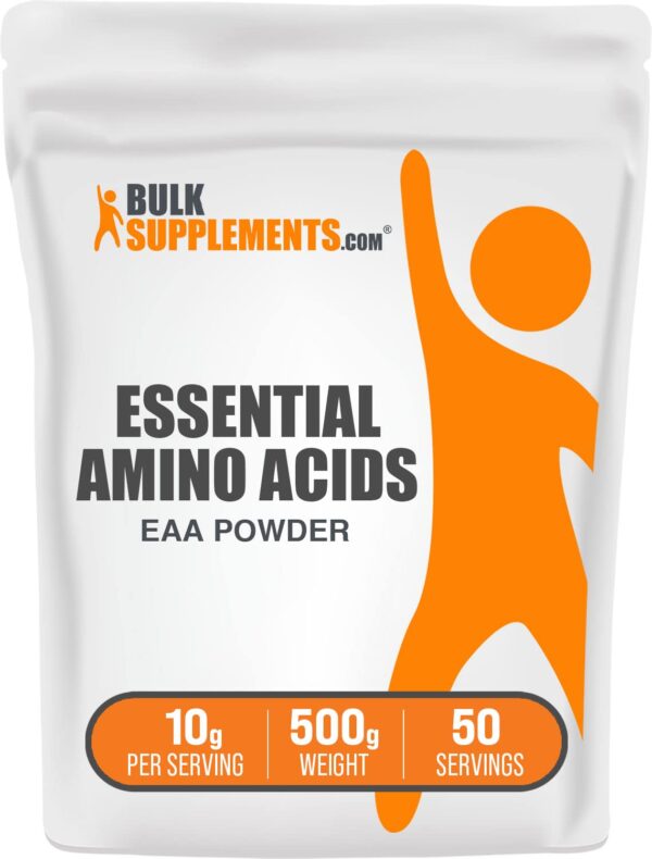 Paquete de polvo de aminoácidos esenciales BulkSupplements 500g blanco