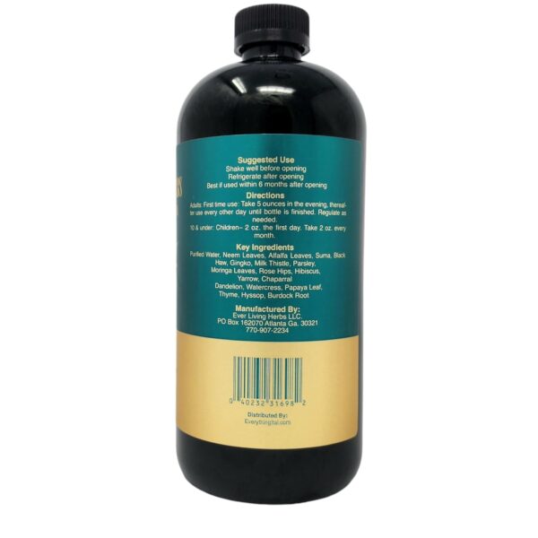 Etiqueta trasera producto detox Ever Living Herbs ingredientes