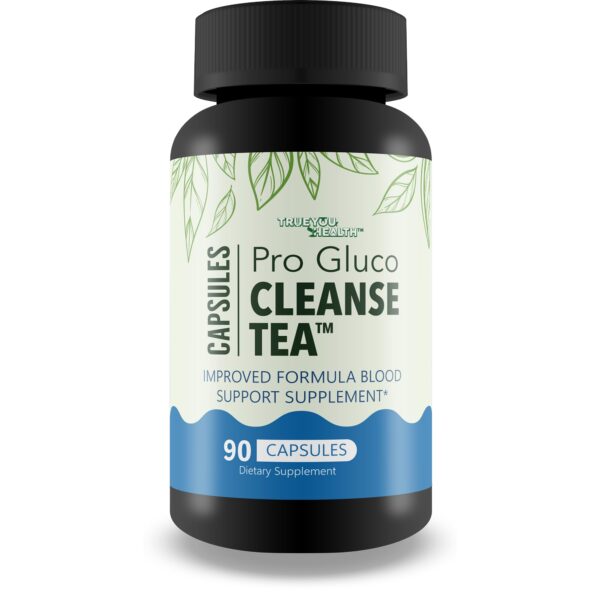 Frasco de cápsulas Pro Gluc té detox para salud sanguínea y circulación