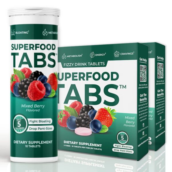 Superfood Tabs tabletas detox paquete frontal con 15 superalimentos