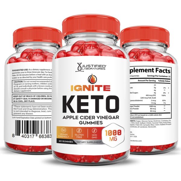Envase gomitas Ignite Keto ACV con ingredientes naturales y B12