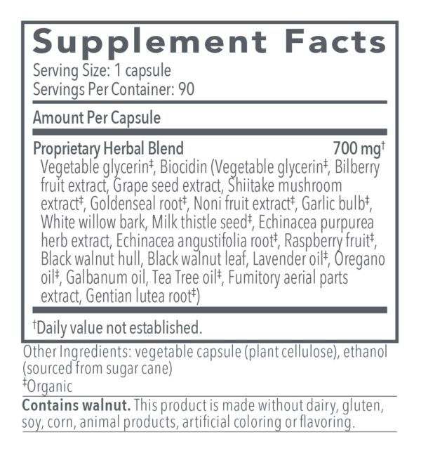 Etiqueta frontal Biocidin cápsulas detox múltiples botanicals