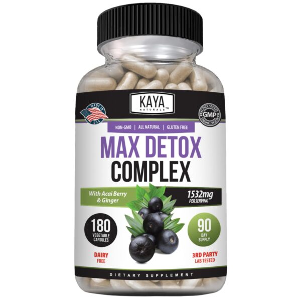 Frasco de suplemento herbal Kaya Naturals MaxDetox 180 cápsulas