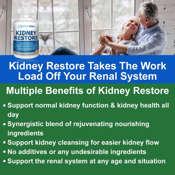 Frasco y cápsulas Kidney Restore para apoyo renal y bienestar