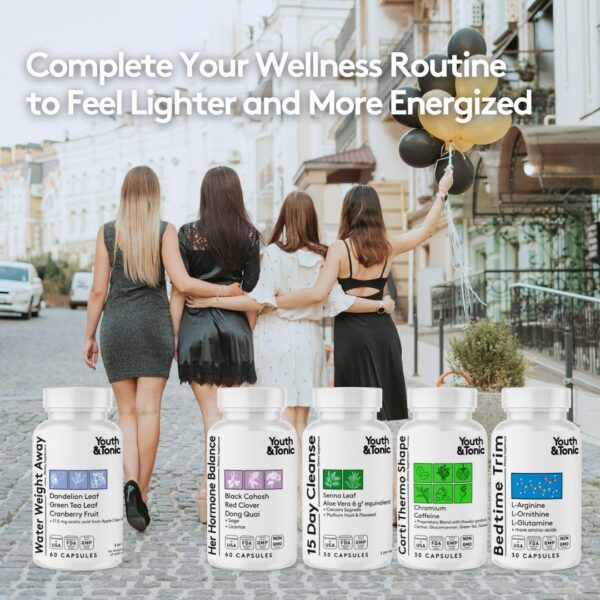 Botella y caja de suplemento diurético Youth & Tonic 60 cápsulas