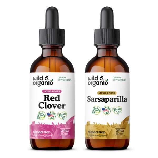 Botellas tinctura orgánica trébol rojo y zarzaparrilla