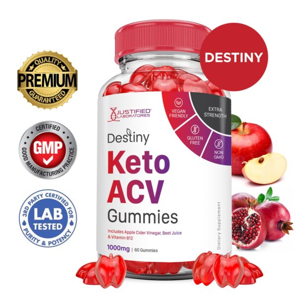 Envase de Destiny Keto ACV Gummies con ingredientes naturales