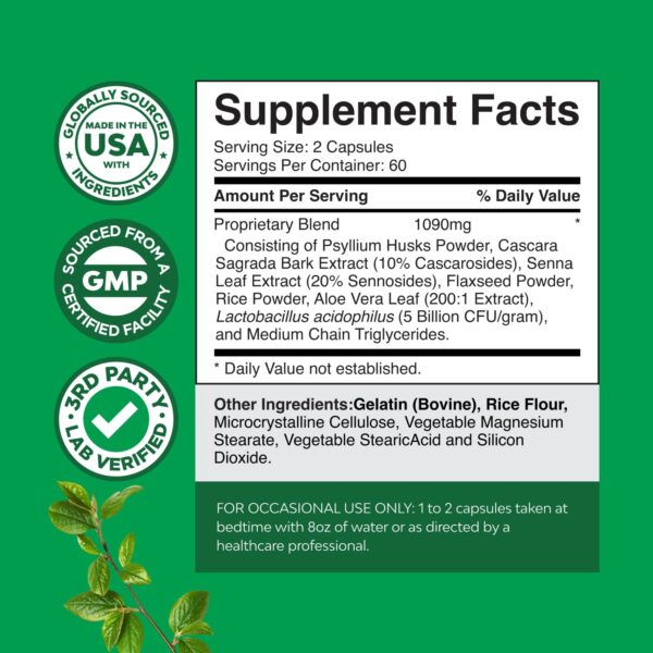 Envase trasero y etiqueta con ingredientes cápsulas laxantes herbales