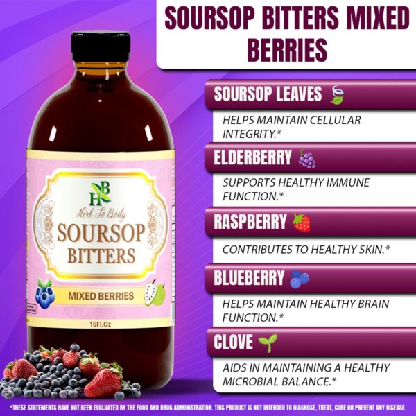Soursop Bitters mostrado con bayas naturales