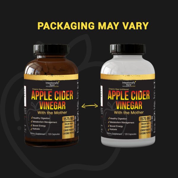 Cápsulas vinagre sidra orgánico Intentionally Bare frente y lateral
