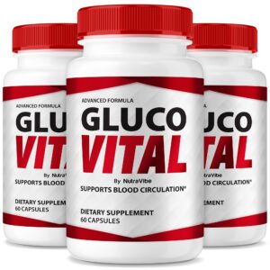 Frasco de Gluco Vital con etiqueta Frasco de Gluco Vital con etiqueta