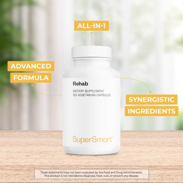 Etiqueta frontal suplemento Supersmart Rehab con ingredientes naturales