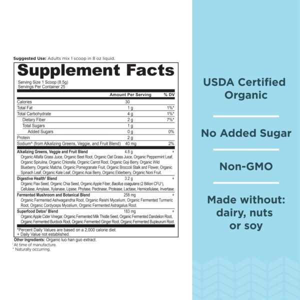 Organic SuperGreens Detox & Alkalize polvo bote Ancient Nutrition