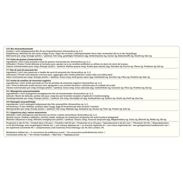 Aceite de amaranto Erbology botella y caja para cuidado de la piel