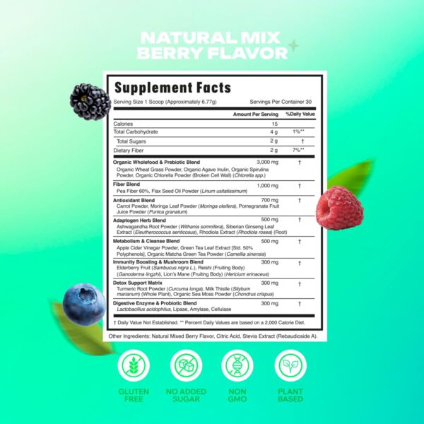 Oh My Glow envase polvo Super Greens sabor frutas detox