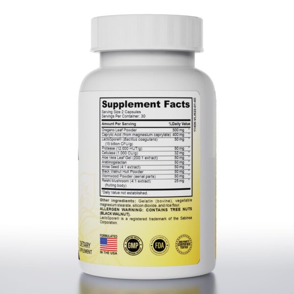 Cápsulas detox con hoja de orégano, artemisa, nogal negro y ácido caprílico