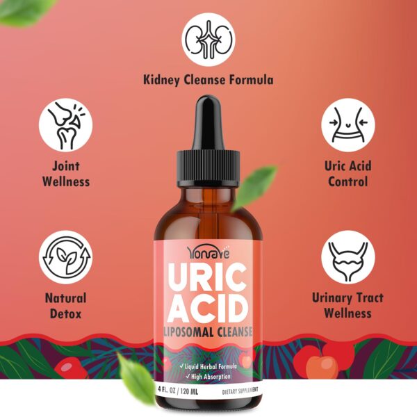 Detalle botella y gotas ácido úrico con cereza y boswellia