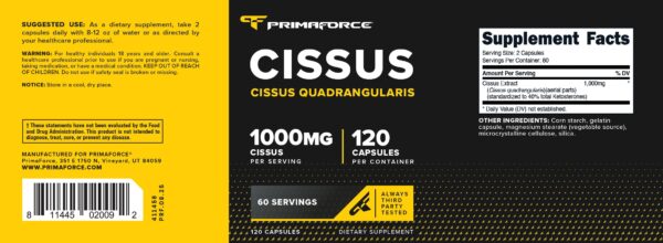 Frasco con etiqueta de Primaforce Cissus Quadrangularis