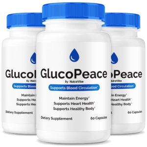 Frasco del suplemento Gluco Peace Pills para energía y circulación