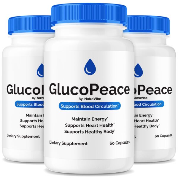 Frasco del suplemento Gluco Peace Pills para energía y circulación
