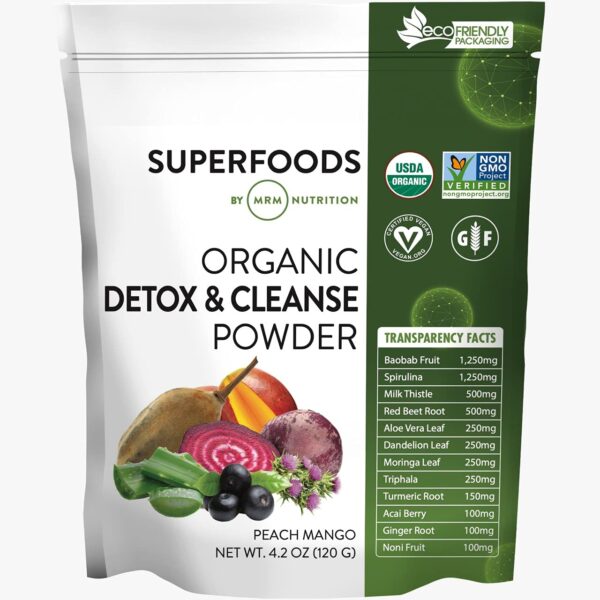 Polvo detox orgánico MRM Nutrition durazno mango envase