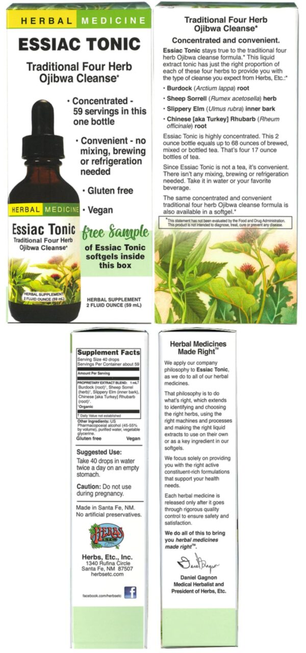 Envase frontal Herbs Etc Essiac Tonic para apoyo del hígado y piel