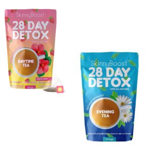 Kit de té detox SkinnyBoost mostrando bolsitas de día y noche