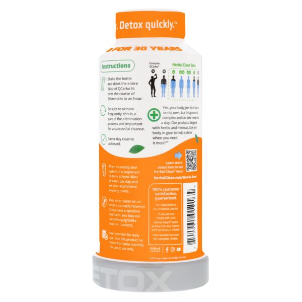 Bebida detox Herbal Clean QCarbo16 etiqueta botella naranja
