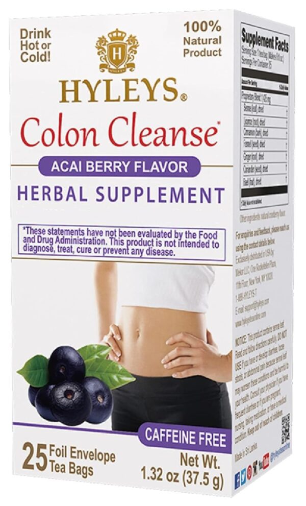 Bolsas de té Hyleys Colon Cleanse sabor acai dentro del paquete