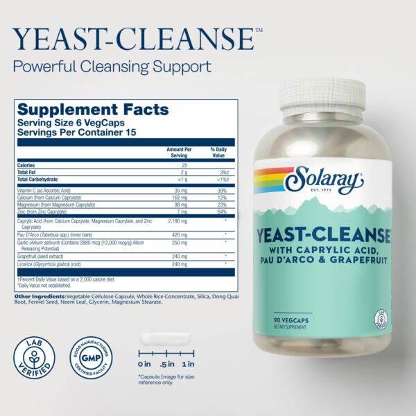 Caja de Solaray Yeast-Cleanse con ingredientes naturales para limpieza corporal