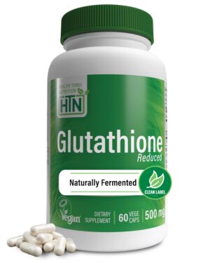Frente del envase Health Thru Nutrition Glutathion reducido 500 mg Vegecaps