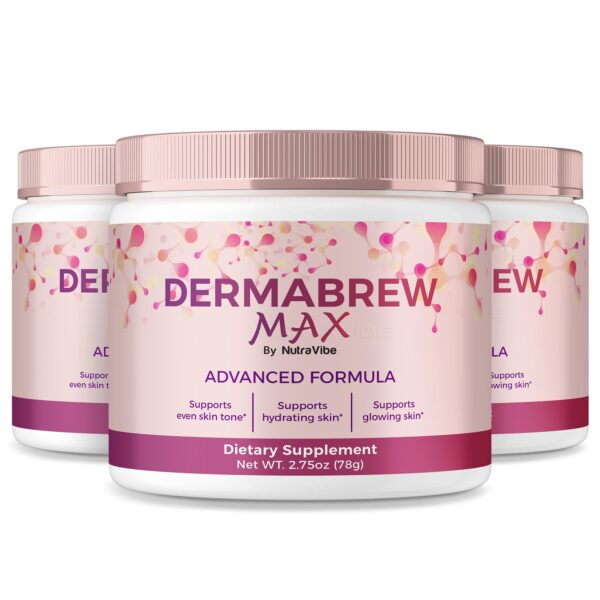 Frente del envase NutraVibe DermaBrew Max polvo Frente del envase NutraVibe DermaBrew Max polvo