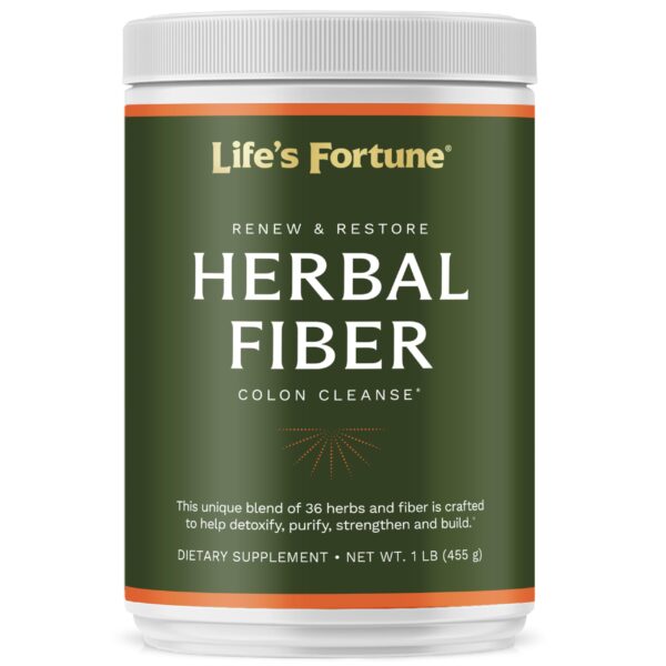 Polvo de fibra herbal orgánica Life's Fortune envase frontal