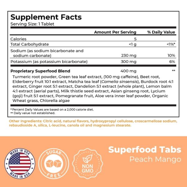 Superfood Tabs tabletas sabor durazno mango de cerca