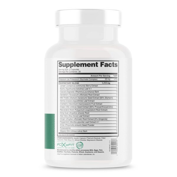 Detalle cápsulas FoxyFit Detox femenino apoyo digestión